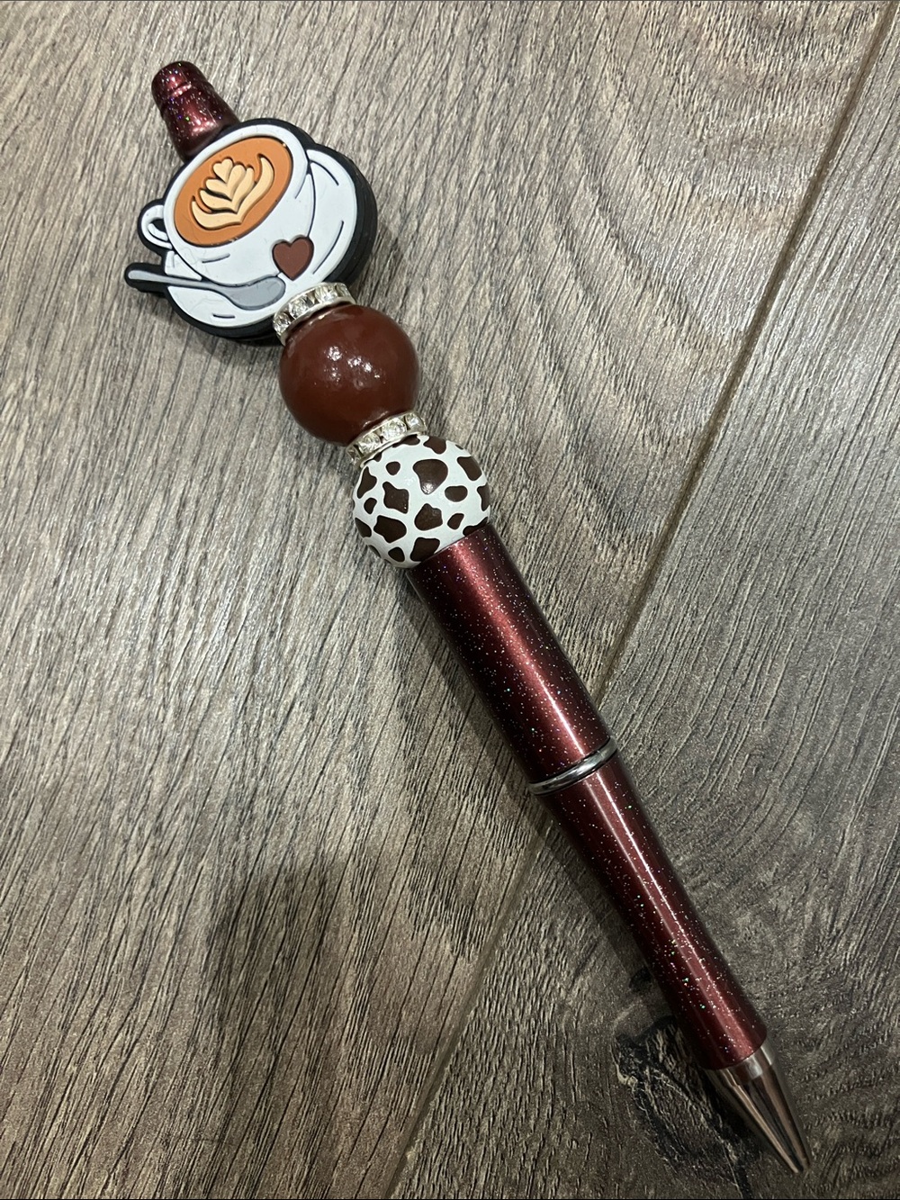 Hand beaded coffee cup pen with animal/cow print. Create a pen bundle and save!